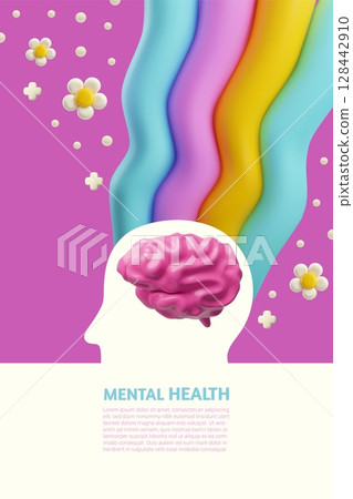 3d brain health vector with human head silhouette, brain, rainbow, daisies, advertising poster. 3d brain health vector with human head silhouette, brain, rainbow, daisies, advertising poster. 128442910