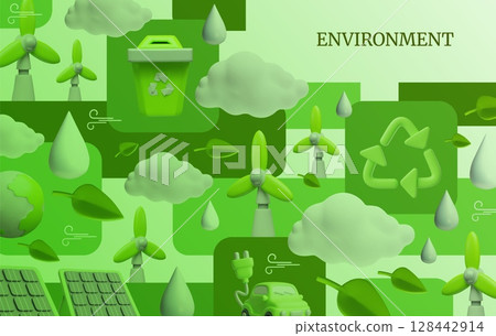 3D banner with green energy icons: wind turbine, cloud, wind, drops, solar panel, leaf, battery. 128442914