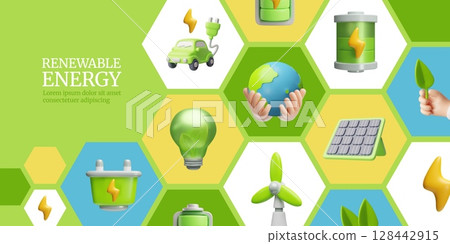 3D green energy support banner with planet, battery, plug, turbine, light bulb icons. 128442915