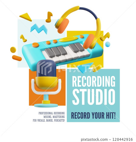 Professional recording studio, mixing, mastering, electric piano, microphone and headphones 3D vector poster design Professional recording studio, mixing, mastering, electric piano, microphone and headphones 3D vector poster design 128442916