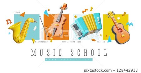 Acoustic guitar, violin, accordion and saxophone, 3D realistic music instruments vector advertising banner design Acoustic guitar, violin, accordion and saxophone, 3D realistic music instruments vector advertising banner design 128442918