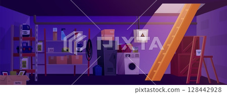 Basement with wooden stairs, shelves, inventory, washing machine, detergents, boxes and crates. Basement with wooden stairs, shelves, inventory, washing machine, detergents, boxes and crates. 128442928