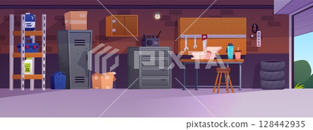 Vector garage interior with table, tools, shelves, metal cabinet, boxes, tires and open gate. 128442935