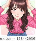 A woman checking herself in the mirror before going out 128442936