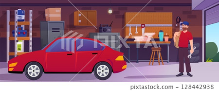 Garage interior with car, man with beard and wrench, table, tools, cabinet, shelves, boxes. Garage interior with car, man with beard and wrench, table, tools, cabinet, shelves, boxes. 128442938