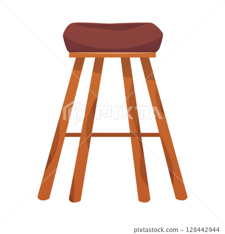 Wooden stool with soft brown cushion and long legs. 128442944