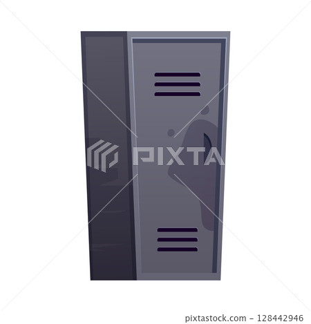 Gray metal cabinet with vents and closed door and handle. 128442946
