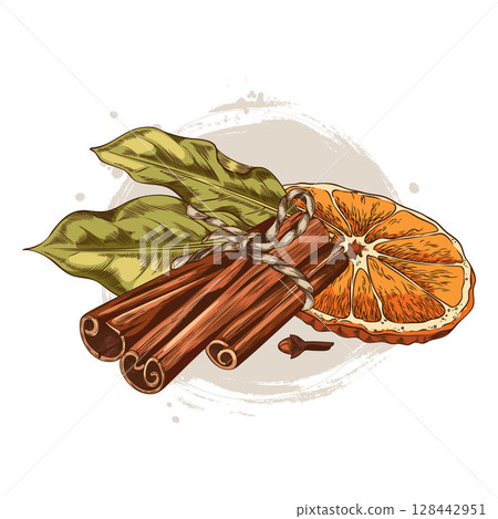 Rolled sticks of cinnamon, clove star, laurel leaves and orange slice sketch vector composition, mulled wine ingredients 128442951