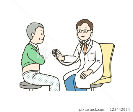 A full-body illustration of an elderly man being examined at a hospital and a doctor using a stethoscope 128442954