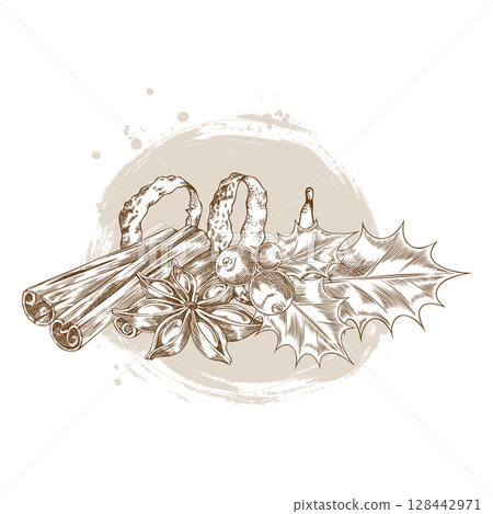 Rolled sticks of cinnamon, mistletoe berries, orange peel and anise star engraved sketch, vector mulled wine ingredient 128442971