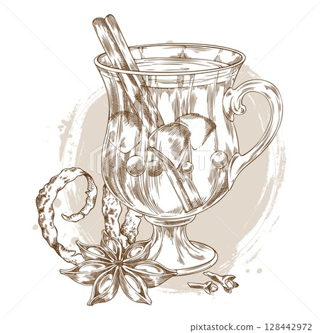 Glass of mulled wine with apples, berries and cinnamon sticks vector ink sketch, hot drink with orange peel and anise 128442972