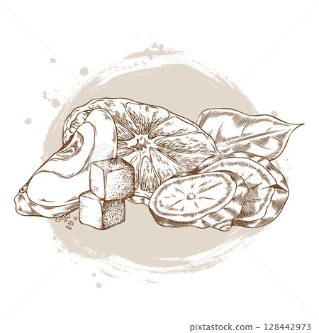 Ginger root slices, cane sugar cube, laurel leaf, apple and orange pieces engraved sketch, vector Mulled wine ingredient Ginger root slices, cane sugar cube, laurel leaf, apple and orange pieces engraved sketch, vector Mulled wine ingredient 128442973