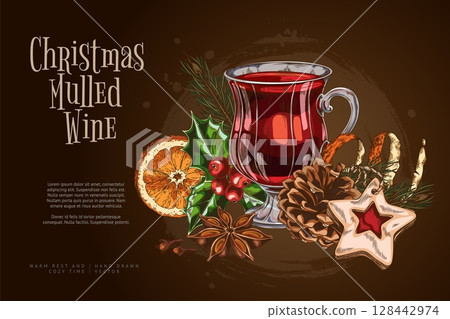 Glass of mulled wine with spices and fruits, vector sketch banner design, hand drawn hot winter drink, cozy holiday Glass of mulled wine with spices and fruits, vector sketch banner design, hand drawn hot winter drink, cozy holiday 128442974