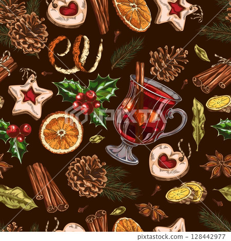 Glass of mulled wine with spices and fruits, vector seamless pattern sketch design, hand drawn hot winter drink 128442977