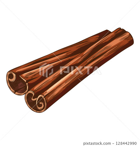 Rolled sticks of cinnamon sketch vector icon, hand drawn aromatic spice, dry flavor condiment, mulled wine ingredient 128442990