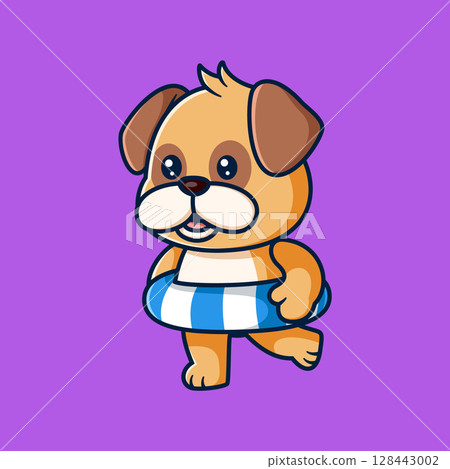 funny dog swimming using ringball of illustration 128443002