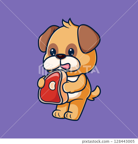 Cute Pug Dog eating Meat Steak Cartoon of illustration 128443005
