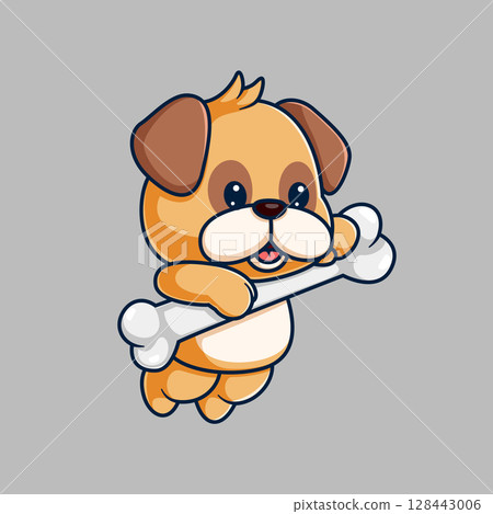Cute Pug Dog Holding Bone Cartoon of illustration Cute Pug Dog Holding Bone Cartoon of illustration 128443006