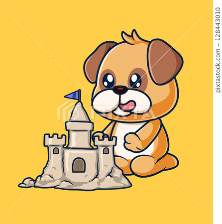 Cute Pug Dog Playing Sand Castle At Beach Cartoon of illustration Cute Pug Dog Playing Sand Castle At Beach Cartoon of illustration 128443010