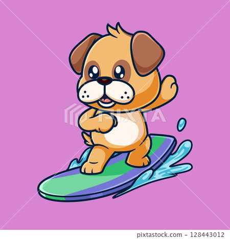 Cute Pug Dog Surfing On Beach Cartoon of illustration Cute Pug Dog Surfing On Beach Cartoon of illustration 128443012