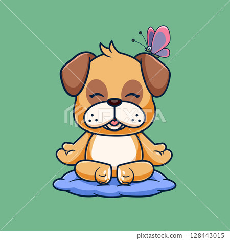 Cute pug dog Meditation Yoga Cartoon of illustration 128443015