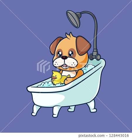 Cute pug dog Bathing Shower In Bathtub Cartoon of illustration 128443016