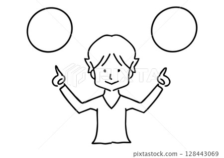 A man pointing at a speech bubble to encourage a choice - Line drawing 128443069