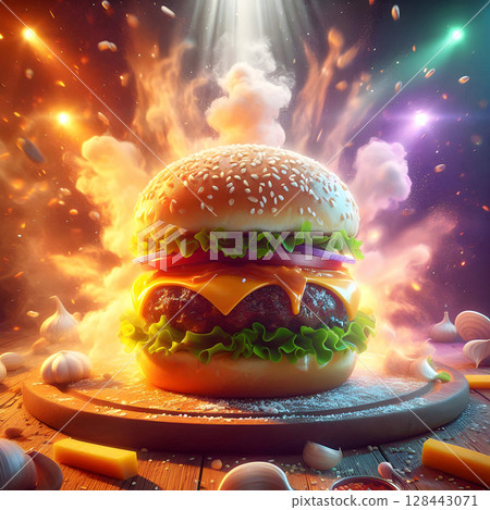 Hamburger on fire black background. 128443071