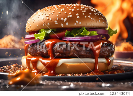 Hamburger on fire black background. 128443074