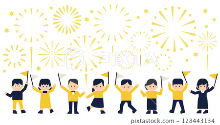 煙火和旗幟讓人興奮的向量插圖 | 慶祝和歡呼的背景變形引人注目 128443134