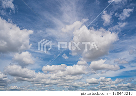 Cottony clouds floating in the summer sky 128443213