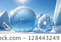 A fantasy landscape of ice sculptures and snowy scenery bathed in the morning sun 128443249