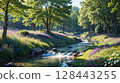 A quiet river flows through a valley of flowers sparkling with morning dew 128443255