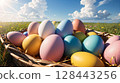 A basket of Easter eggs in spring weather 128443256