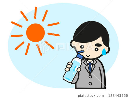 A businessman drinking water from a plastic bottle to prevent heat stroke outdoors A businessman drinking water from a plastic bottle to prevent heat stroke outdoors 128443366