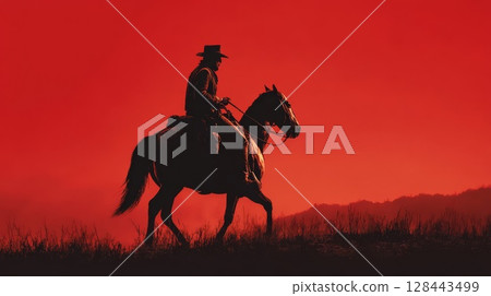 牛仔騎馬的剪影 128443499