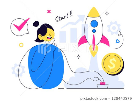 Startup Vector Illustration Featuring the Target of Business Development Process, Innovative Product Launch, Arrow Shooting, and Goal Achievement 128443579