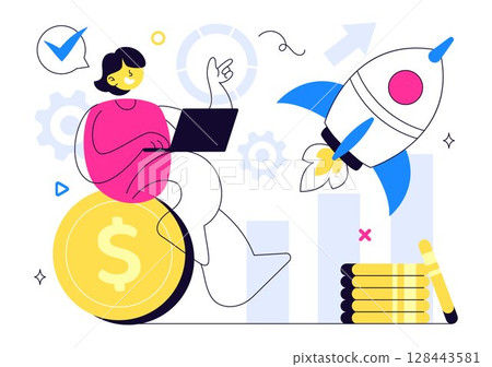 Startup Vector Illustration Featuring the Target of Business Development Process, Innovative Product Launch, Arrow Shooting, and Goal Achievement 128443581