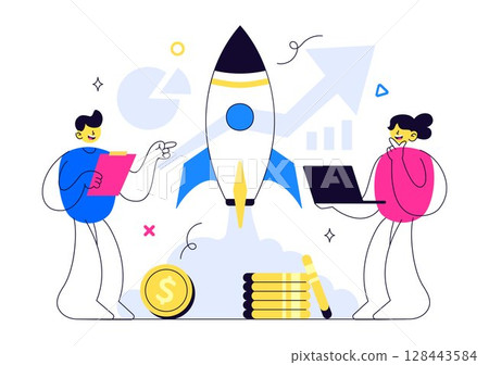 Startup Vector Illustration Featuring the Target of Business Development Process, Innovative Product Launch, Arrow Shooting, and Goal Achievement 128443584
