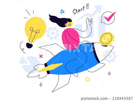 Startup Vector Illustration Featuring the Target of Business Development Process, Innovative Product Launch, Arrow Shooting, and Goal Achievement 128443587