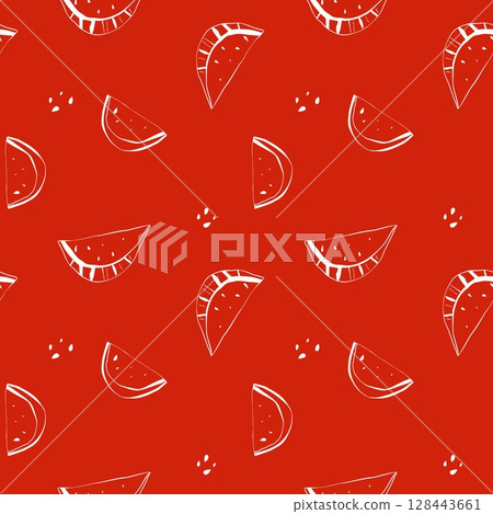 Bold white watermelon pattern in hand drawn line style on red background with juicy look Bold white watermelon pattern in hand drawn line style on red background with juicy look 128443661