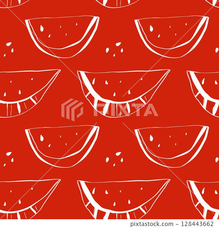 Seamless pattern of white watermelon doodles scattered on vibrant red background Seamless pattern of white watermelon doodles scattered on vibrant red background 128443662