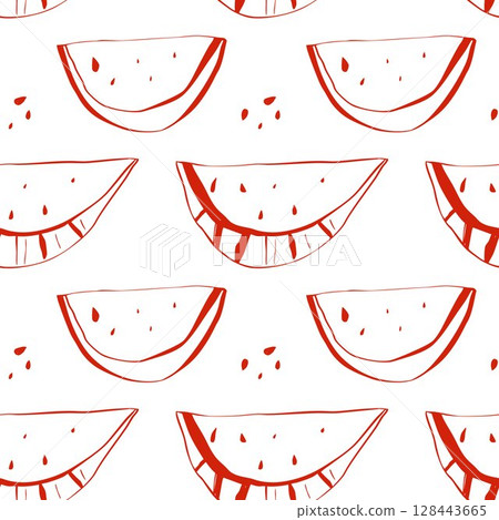 Repeating watermelon slice pattern in hand drawn red doodle style on white background 128443665