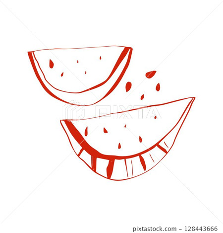 Minimal watermelon slice sketch with seeds in hand drawn doodle style on white background Minimal watermelon slice sketch with seeds in hand drawn doodle style on white background 128443666