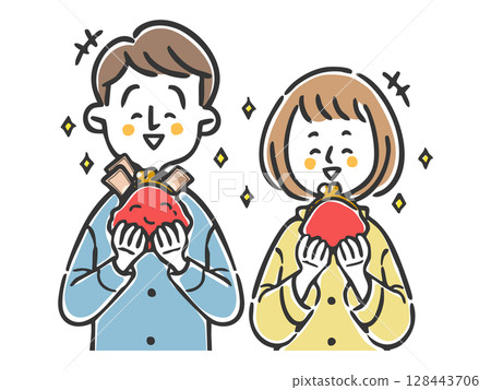 A happy couple holding a wallet, upper body, vector 128443706