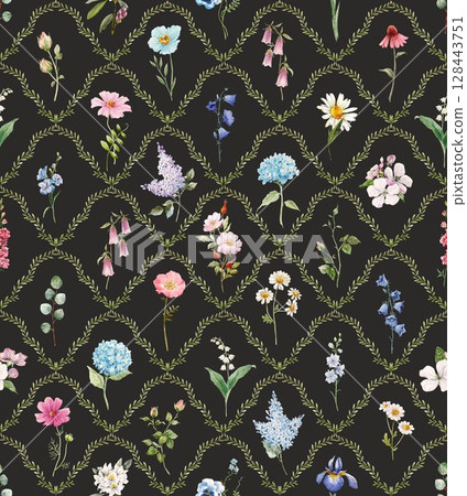 Watercolor floral lattice pattern with wildflowers seamless vintage style design with delicate flowers inside leafy diamond grid. Perfect for fabric, wallpaper, and botanical decor Watercolor floral lattice pattern with wildflowers seamless vintage style design with delicate flowers inside leafy diamond grid. Perfect for fabric, wallpaper, and botanical decor 128443751
