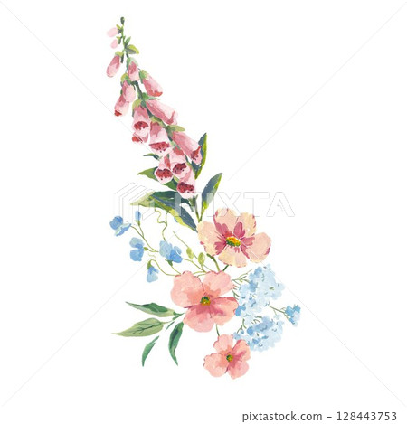 Gouache wildflower bouquet with foxglove, poppy, buttercups and forget-me-nots romantic hand-painted floral arrangement on white background. Perfect for wedding designs, vintage decor, textile prints Gouache wildflower bouquet with foxglove, poppy, buttercups and forget-me-nots romantic hand-painted floral arrangement on white background. Perfect for wedding designs, vintage decor, textile prints 128443753