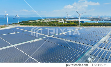 Aerial view of a hybrid wind and solar power plant 128443950