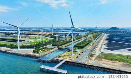Aerial view of wind turbines at a wind power plant Aerial view of wind turbines at a wind power plant 128443953
