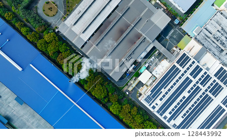 Aerial view of an industrial area lined with factories 128443992